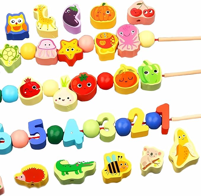 Brinquedo Educativo Montessori 4Leader - Para a Criança Fazer Colares com Alfabeto Móvel, Números, Animais da Fazenda ou Frutas - Peças de Madeira - Desenvolvimento Cognitivo e Motor - 24un