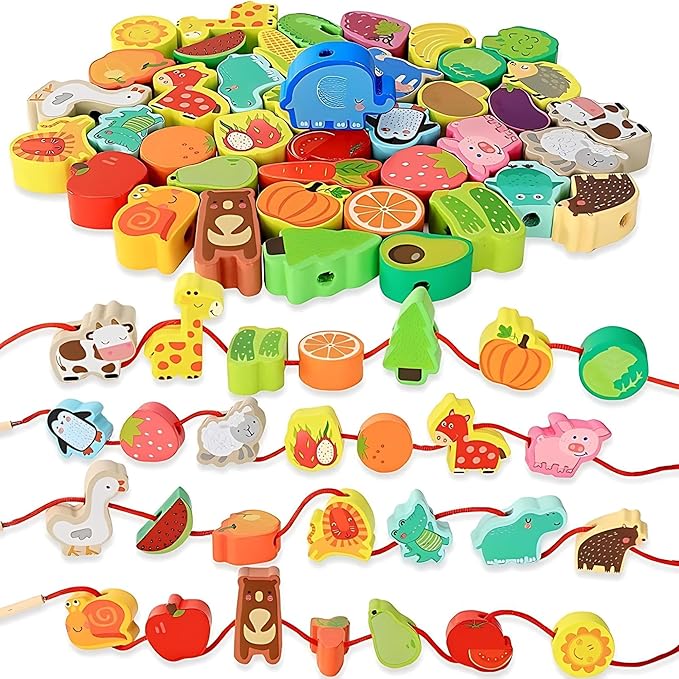 Brinquedo Educativo Montessori 4Leader - Para a Criança Fazer Colares com Alfabeto Móvel, Números, Animais da Fazenda ou Frutas - Peças de Madeira - Desenvolvimento Cognitivo e Motor - 24un