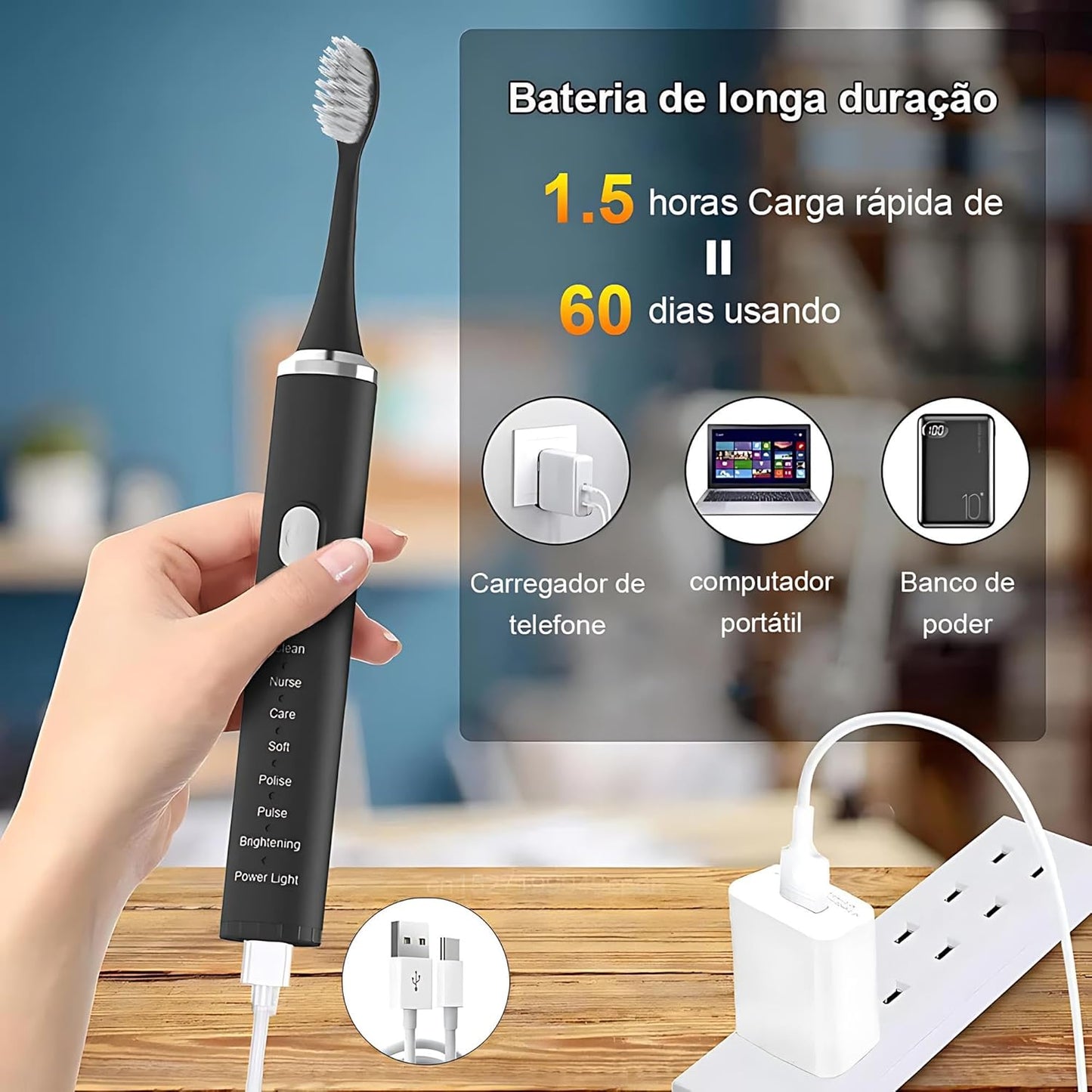 Escova de Dente Elétrica 4Leader: Praticidade e Limpeza Profunda Para Uma Higiene Bucal Completa e Manutenção da Sua Sáude Dental (Preto)
