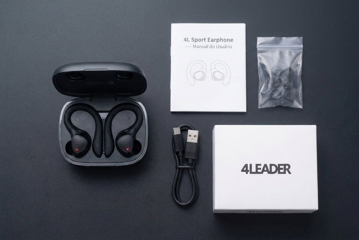 Estojo com os fones, manual, ponteiras extras, cabo USB-C e caixa do 4LSport