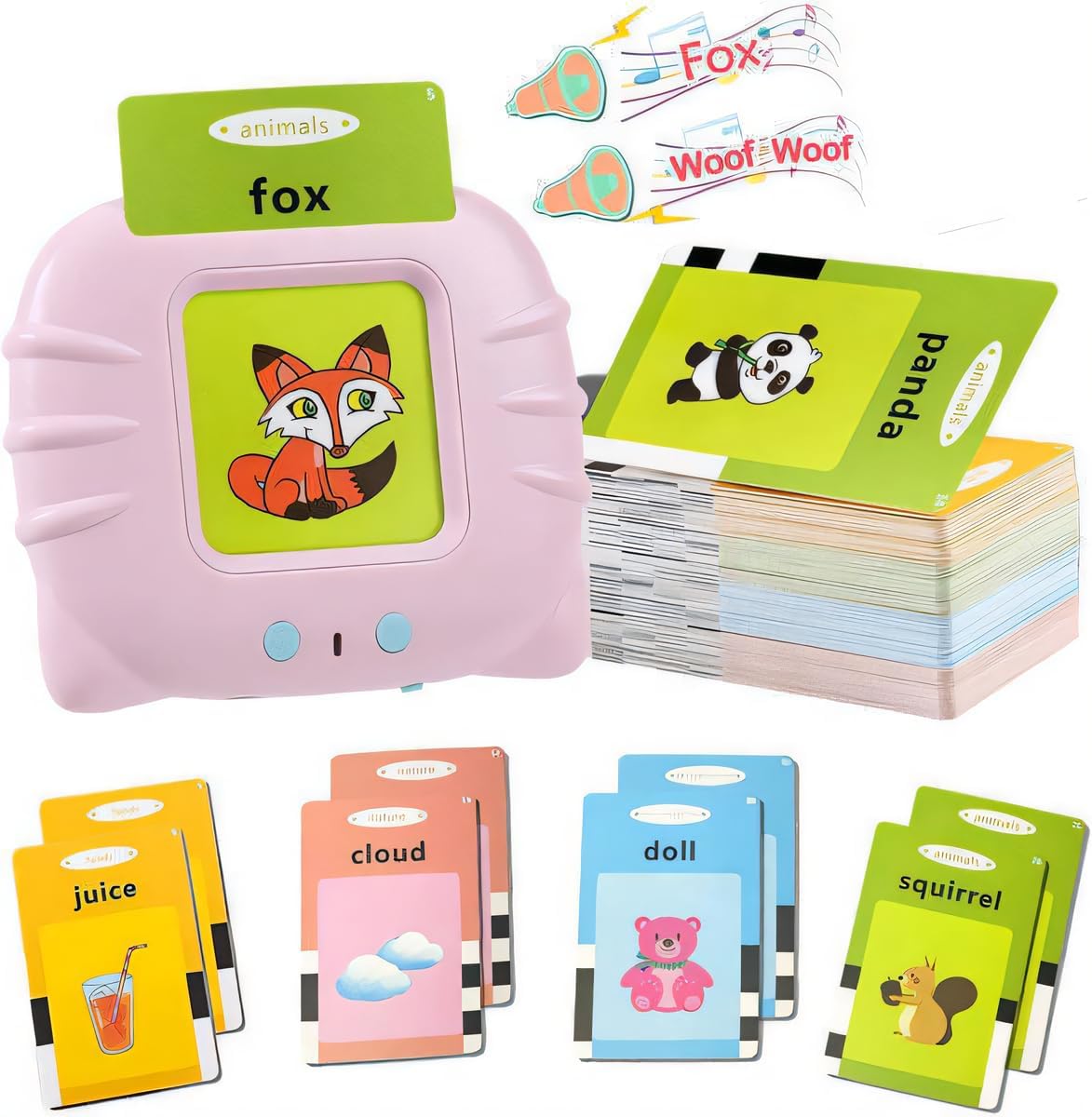 Brinquedo Educativo Infantil com Leitor de Cartões em Inglês 4Leader | 112 Cartões com 224 Palavras (Rosa)
