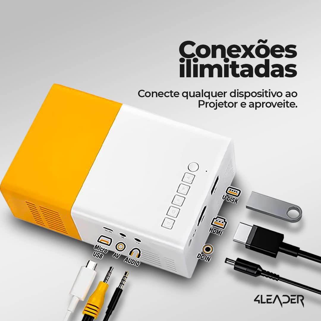 Mini Projetor Portatil LED - Full HD 1080p, 5000 Lumens, Tela de 200 polegadas, Conexão HDMI, USB, VGA, Áudio 3,5mm, Projetor para IOS, Android, Windows - 4Leader Branco