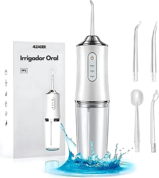 Irrigador Oral 4Leader - Irrigador Bucal Elétrico para Limpeza Dental Profunda, Anti Tártaro com 3 Velocidades, Raspador de Língua, Recarregável via Cabo USB C e Bateria de Alta Duração Portátil