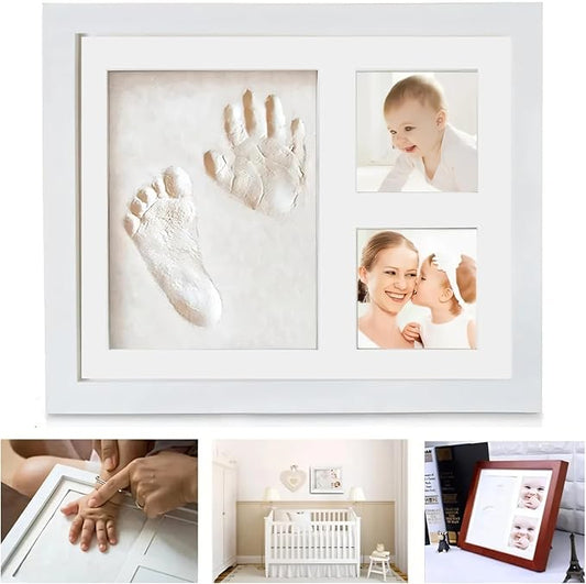 Quadro de Impressão de Pegada e Mãozinha do Bebê 4Leader | Kit com Argila Branca | Moldura de Madeira DIY | Memória Preciosa do Recém-Nascido | Montagem em Parede ou Suporte de Mesa