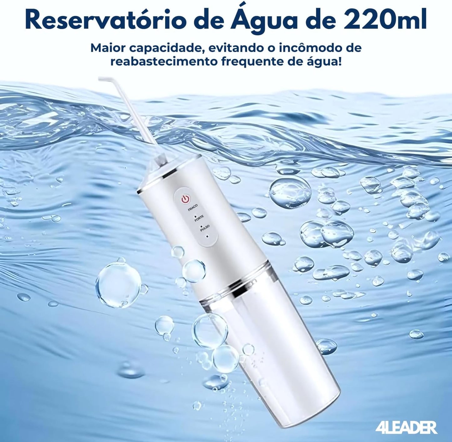 Irrigador Oral 4Leader - Irrigador Bucal Elétrico para Limpeza Dental Profunda, Anti Tártaro com 3 Velocidades, Raspador de Língua, Recarregável via Cabo USB C e Bateria de Alta Duração Portátil