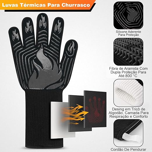 Luvas para Churrasco com Proteção Térmica - 800 °C (Preto)
